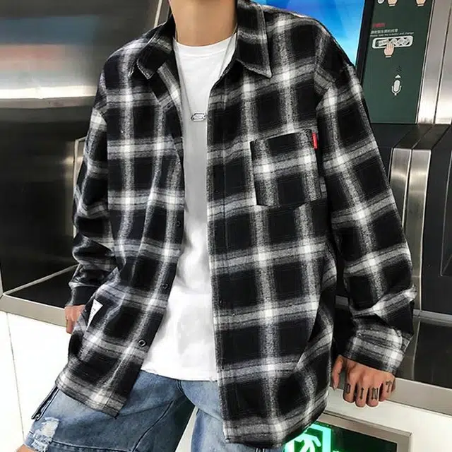 物质公式 美式复古高街格子撞色内搭单排扣宽松薄款质感百搭单穿叠穿外套学院风休闲简约垂感翻领条纹长袖格纹衬衫 男女同款
