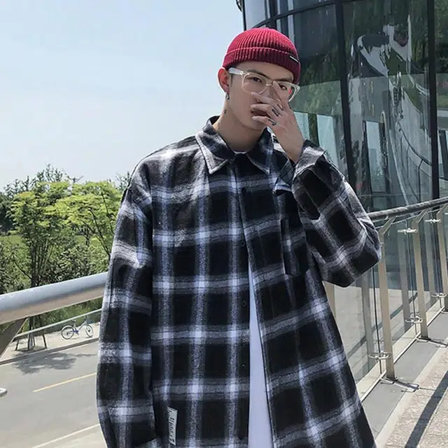 物质公式 美式复古高街格子撞色内搭单排扣宽松薄款质感百搭单穿叠穿外套学院风休闲简约垂感翻领条纹长袖格纹衬衫 男女同款