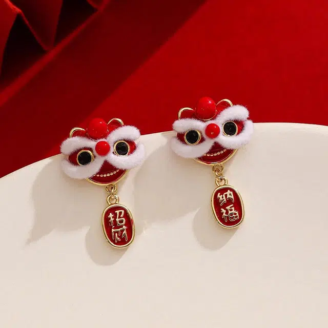 谧月珠宝 喜气洋洋 新中式国潮平安纳福醒狮戏珠招财平安轻奢精致小众独特创意设计高级感搭配流苏好运 合金 耳环 男女同款情侣款