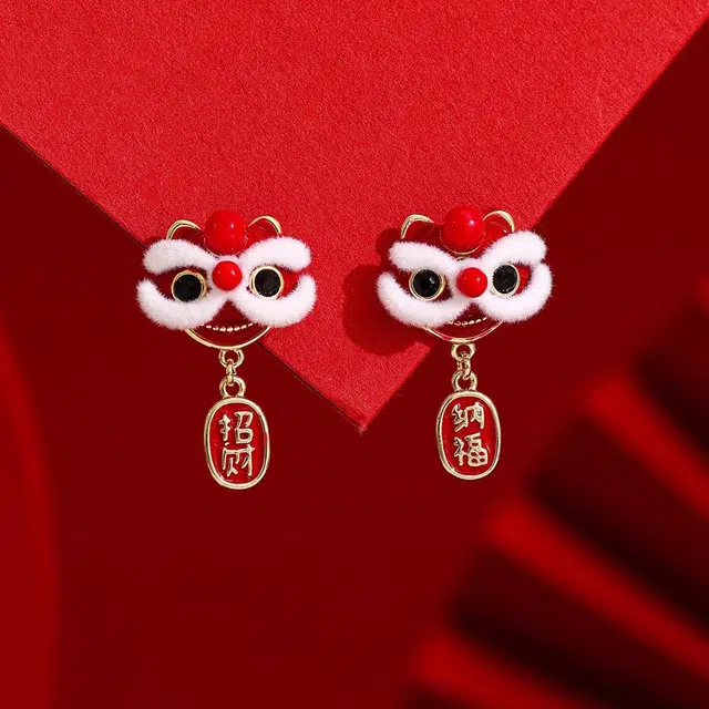 谧月珠宝 喜气洋洋 新中式国潮平安纳福醒狮戏珠招财平安轻奢精致小众独特创意设计高级感搭配流苏好运 合金 耳环 男女同款情侣款