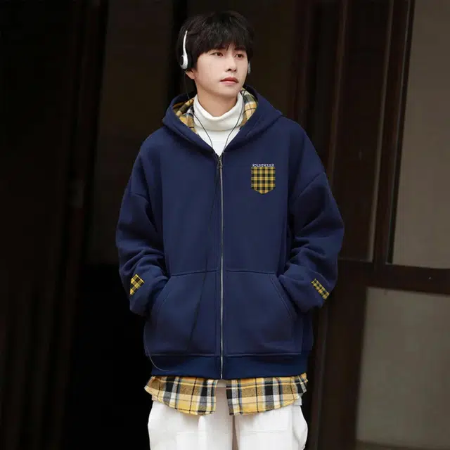 快鱼 美式复古高街哥特字母格子印花简约假两件拼接撞色学院风宽松休闲加厚日常舒适百搭长袖开衫连帽卫衣 男女同款