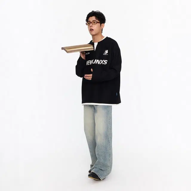 江南先生 美式复古华夫格撞色圆领假两件卫衣 男女同款