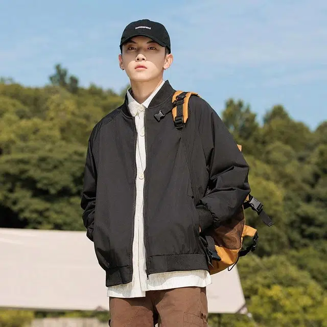 物质公式 学院风潮牌复古美式高街宽松休闲百搭飞行员教练服夹克外套 男女同款 黑色