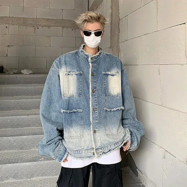 玉儿恋 美式复古街头风毛边设计感渐变做旧水洗宽松休闲百搭痞帅嘻哈风帅气基础款牛仔外套 男女同款 蓝色