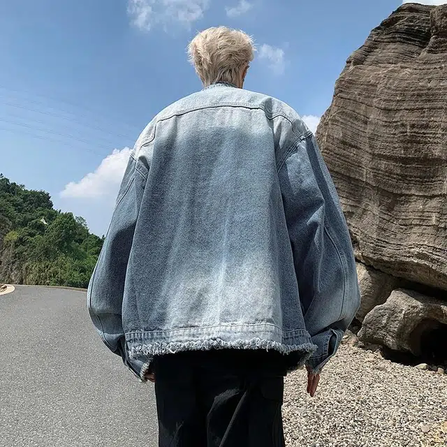 玉儿恋 美式复古街头风毛边设计感渐变做旧水洗宽松休闲百搭痞帅嘻哈风帅气基础款牛仔外套 男女同款 蓝色