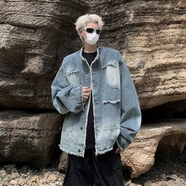 玉儿恋 美式复古街头风毛边设计感渐变做旧水洗宽松休闲百搭痞帅嘻哈风帅气基础款牛仔外套 男女同款 蓝色