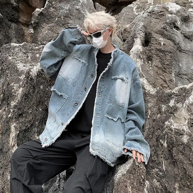 玉儿恋 美式复古街头风毛边设计感渐变做旧水洗宽松休闲百搭痞帅嘻哈风帅气基础款牛仔外套 男女同款 蓝色