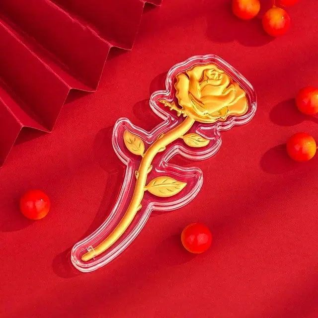 明泰珠宝 玫瑰花 永不凋谢花卉 招财纳福 收藏储蓄新中式 足金 一口价 摆件 男女同款情侣款