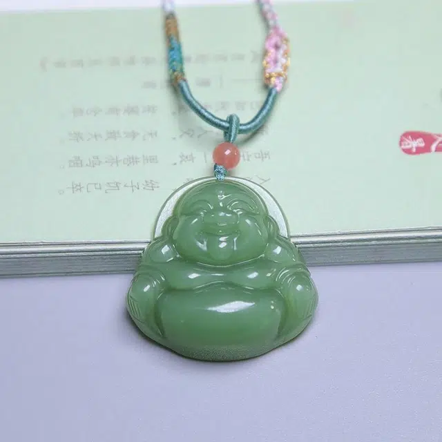 匠心琢玉 精雕弥勒佛笑佛 好运 小众设计 国风 和田玉项链 碧玉 男女同款情侣款
