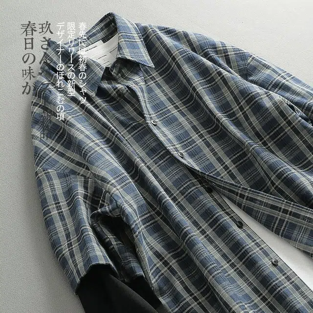 见川 美式复古巴黎风格子纹假两件拼接长袖衬衫 男款 灰格
