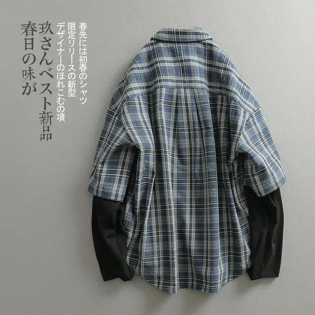 见川 美式复古巴黎风格子纹假两件拼接长袖衬衫 男款 灰格