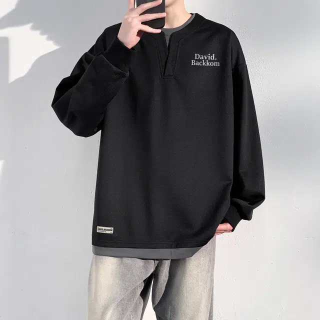 大卫贝肯 美式复古简约字母印花假两件休闲宽松日常百搭圆领卫衣 男女同款