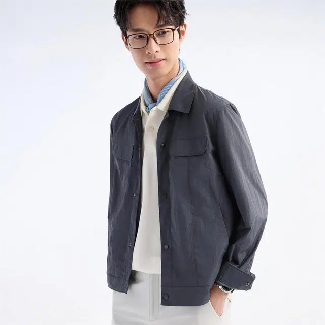 九牧王男裤专家 简约纯色休闲百搭双口袋翻领夹克外套 时尚版 男款