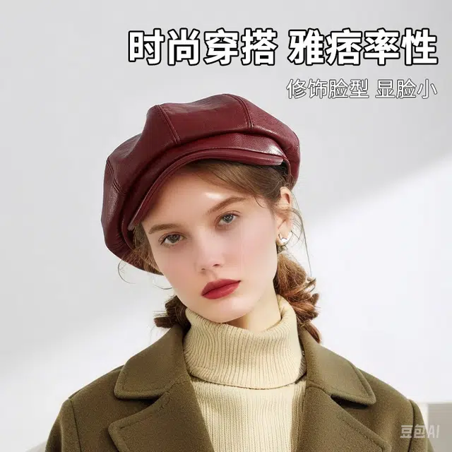 【出街必备】 浪莎 帽子女秋冬户外出行韩系复古纯色简约皮质蓓蕾帽短檐气质英伦风八角帽 文艺百搭 贝雷帽 女款