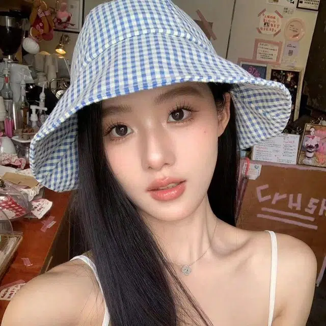 钓鱼熊 帽子防晒格纹水桶脸圆顶女帽显夏季出游可翻遮阳檐 棉 渔夫帽 女款