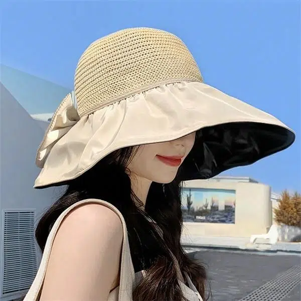 钓鱼熊 户外防紫外线大檐遮阳帽夏季女士太阳帽便携收纳袋款黑胶 聚酯纤维 渔夫帽 女款