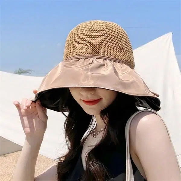 钓鱼熊 户外防紫外线大檐遮阳帽夏季女士太阳帽便携收纳袋款黑胶 聚酯纤维 渔夫帽 女款