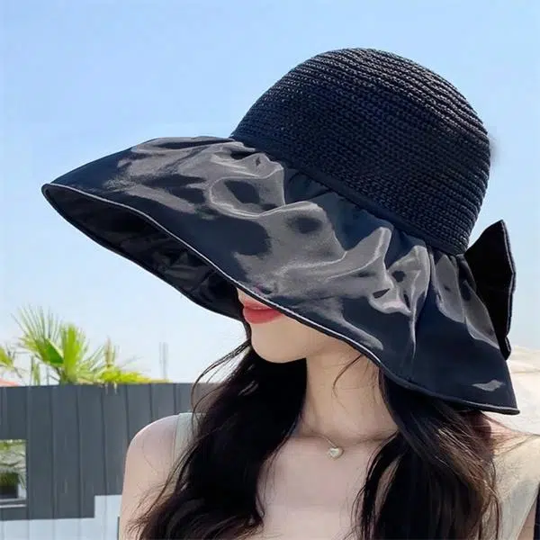 钓鱼熊 户外防紫外线大檐遮阳帽夏季女士太阳帽便携收纳袋款黑胶 聚酯纤维 渔夫帽 女款
