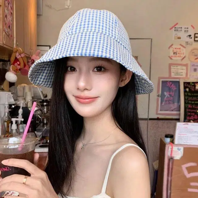 钓鱼熊 帽子防晒格纹水桶脸圆顶女帽显夏季出游可翻遮阳檐 棉 渔夫帽 女款