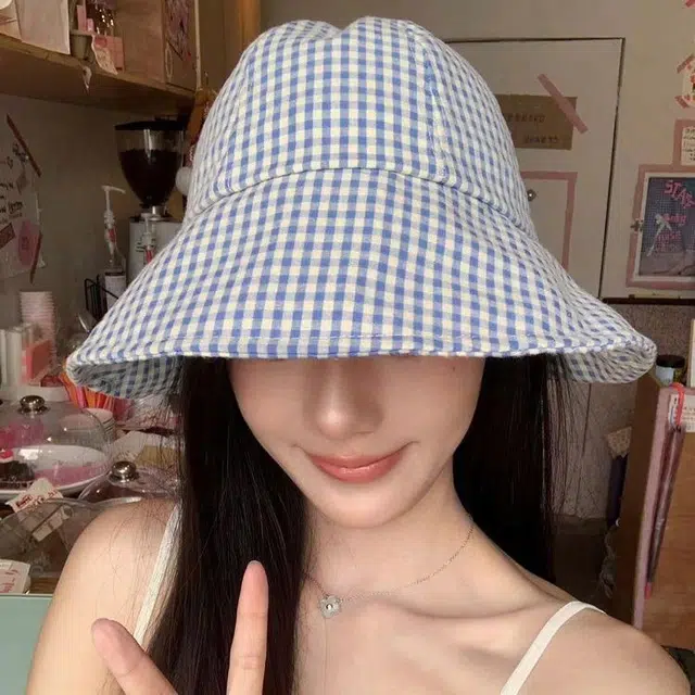 钓鱼熊 帽子防晒格纹水桶脸圆顶女帽显夏季出游可翻遮阳檐 棉 渔夫帽 女款