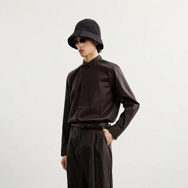 速写 日常简约宽松纯色长袖衬衫 男款 暗咖