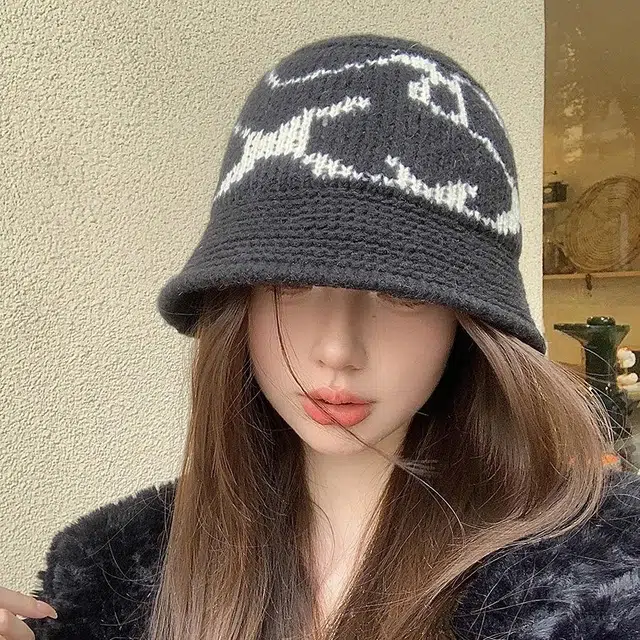 钓鱼熊 帽子女秋冬新款拼色针织盆帽保暖防风护耳水桶帽时尚简约 腈纶混纺 渔夫帽 女款