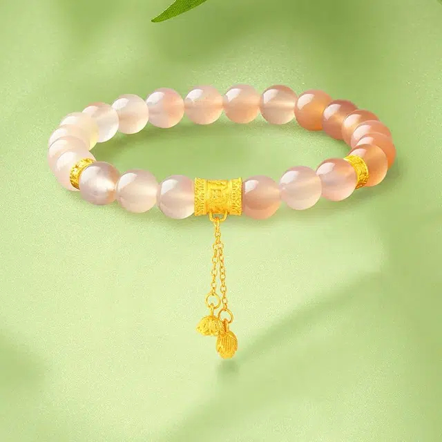 梦金园 新中式国风六字箴言两世欢莲蓬转运珠流苏串珠手饰#好运 玛瑙 玉石手串 女款