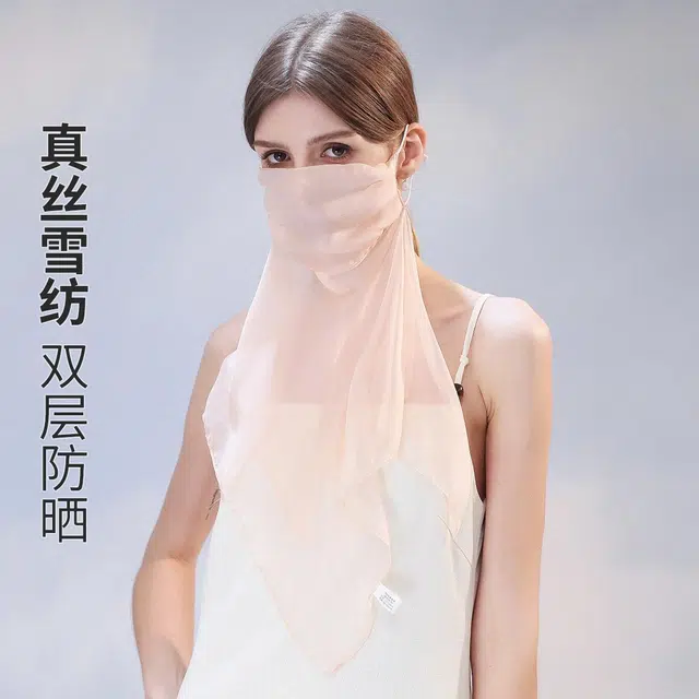 上海故事 多功能纱巾全脸防尘防风面纱护脖透气真雪纺素色遮阳 桑蚕丝 丝巾 女款