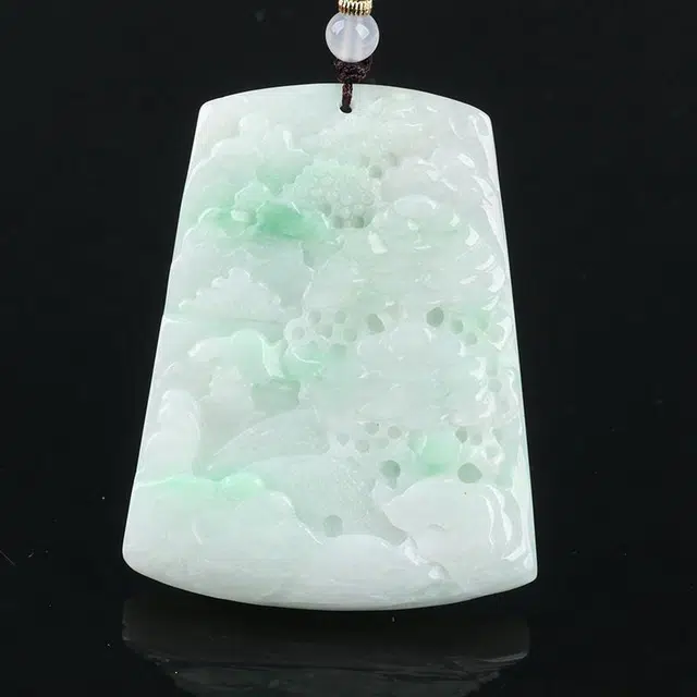 魄思澜 新中式国潮高山流水春带彩精雕山水牌吊坠年年有靠山手工编织绳招财招好运 糯冰 翡翠项链 男女同款情侣款