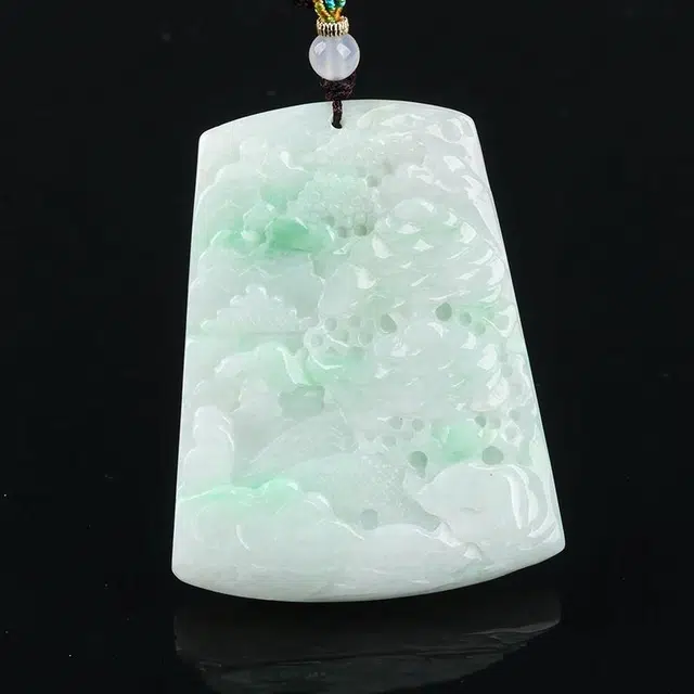魄思澜 新中式国潮高山流水春带彩精雕山水牌吊坠年年有靠山手工编织绳招财招好运 糯冰 翡翠项链 男女同款情侣款