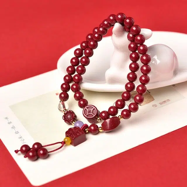 【平安福运】 灵菲 时来运转设计风手饰 新中式 时尚高颜值精致双圈#好运 再造辰砂朱砂 手串 男女同款情侣款