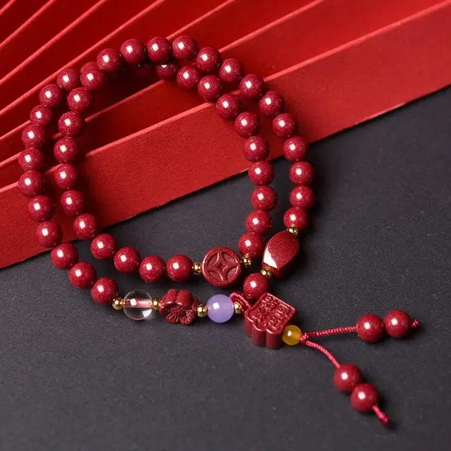 【平安福运】 灵菲 时来运转设计风手饰 新中式 时尚高颜值精致双圈#好运 再造辰砂朱砂 手串 男女同款情侣款