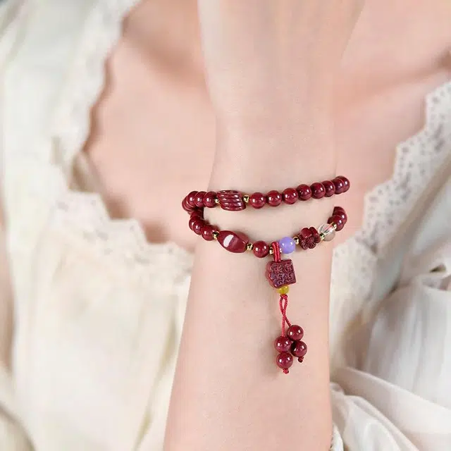 【平安福运】 灵菲 时来运转设计风手饰 新中式 时尚高颜值精致双圈#好运 再造辰砂朱砂 手串 男女同款情侣款