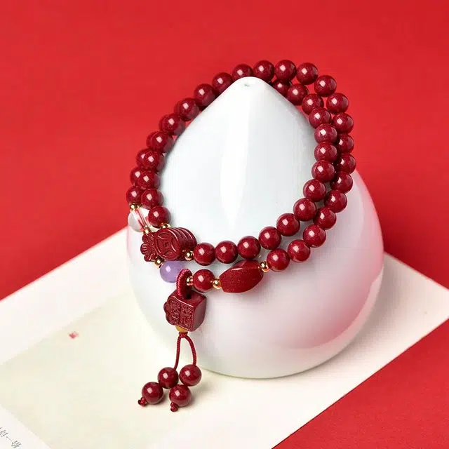 【平安福运】 灵菲 时来运转设计风手饰 新中式 时尚高颜值精致双圈#好运 再造辰砂朱砂 手串 男女同款情侣款