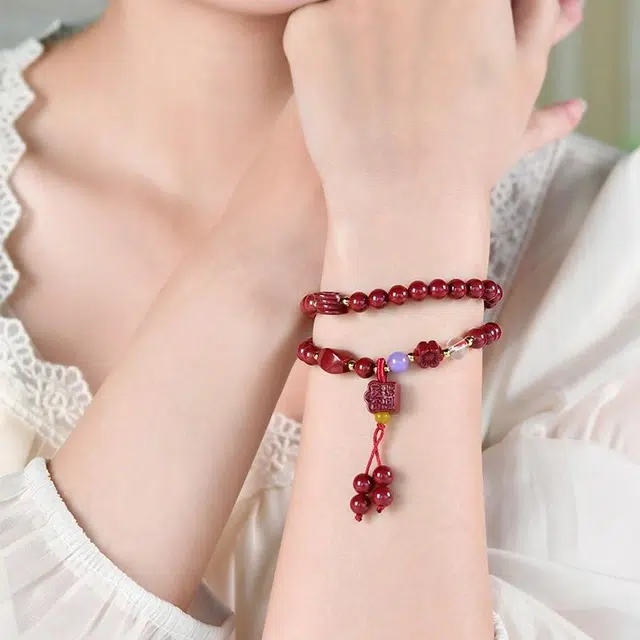 【平安福运】 灵菲 时来运转设计风手饰 新中式 时尚高颜值精致双圈#好运 再造辰砂朱砂 手串 男女同款情侣款