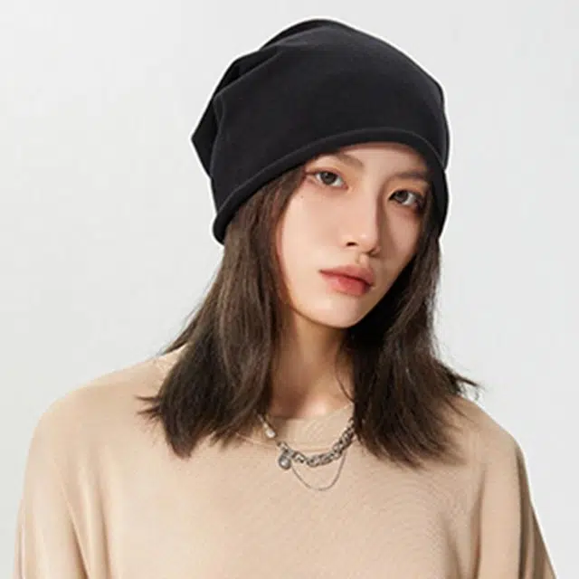优幽兰 百搭简约纯色高级感显脸小素颜遮脸堆堆帽韩版时尚小众设计感卷边宽松大头围冷帽学生潮流 腈纶 绒线帽 女款
