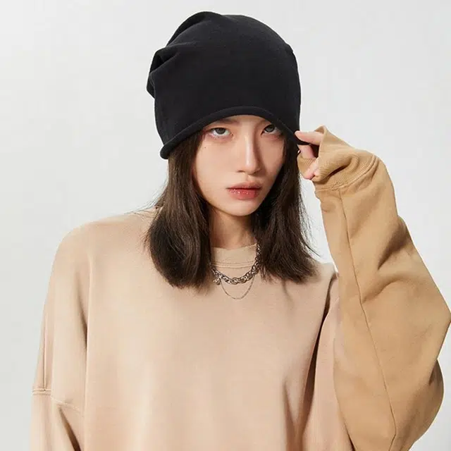 优幽兰 百搭简约纯色高级感显脸小素颜遮脸堆堆帽韩版时尚小众设计感卷边宽松大头围冷帽学生潮流 腈纶 绒线帽 女款