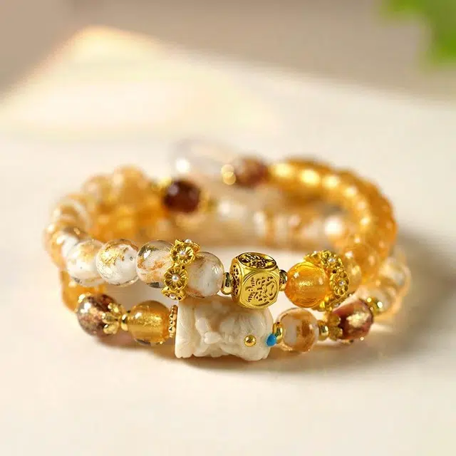 京华录 新中式招财纳福转运 温柔气质感 国潮扎基拉姆双圈跑环 文艺民族风 琉璃 玉石手串 男女同款情侣款