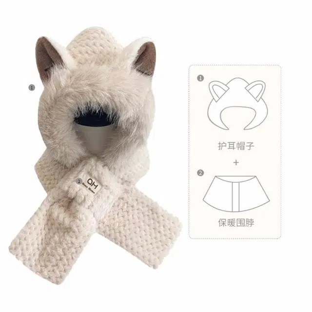 俞兆林 冬季围巾一体护颈护耳加绒保暖骑行防风防寒绒线围巾两件套 聚酯纤维 斗篷帽 女款