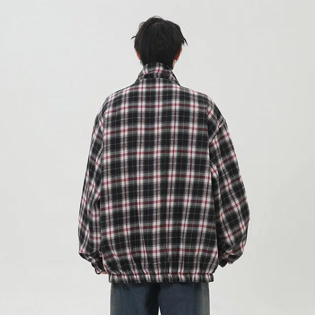 绘承 美式复古基础款防泼水哈灵顿格子双面穿潮牌宽松百搭立领休闲夹克外套 男女同款
