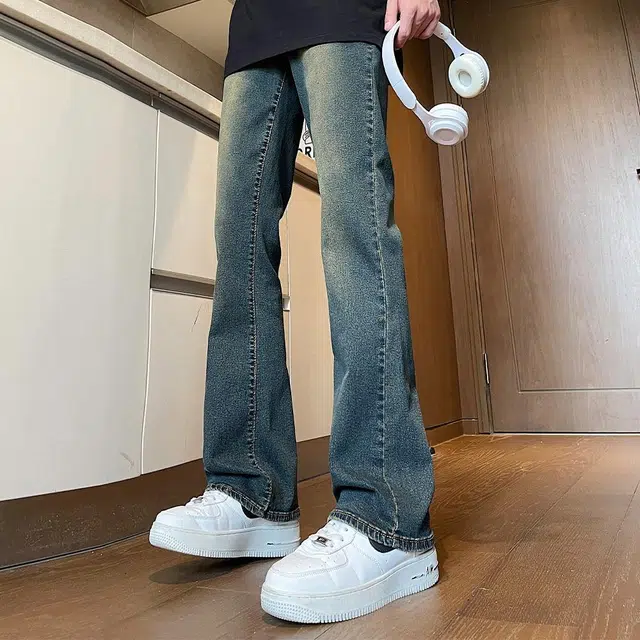金贝勒 美式复古高街风纯色中腰做旧微喇垂感休闲通勤牛仔裤 男女同款