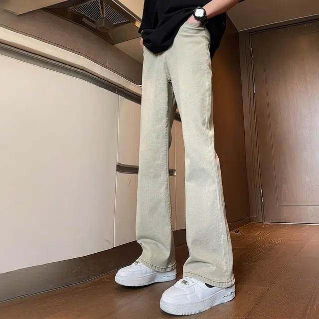 金贝勒 美式复古高街风纯色中腰做旧微喇垂感休闲通勤牛仔裤 男女同款