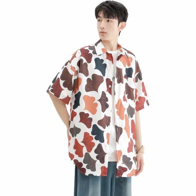 休闲纽扣翻领短袖衬衫 男女同款
