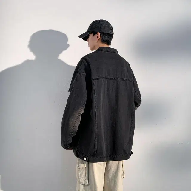 玉儿恋 唐狮旗下美式复古纯色基础水洗做旧破洞夹克宽松百搭牛仔外套 男女同款
