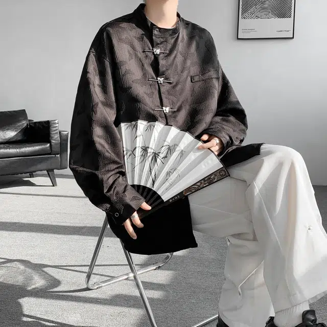 玉儿恋 美式复古高级感基础款新中式满印蝴蝶提花唐装特色别针扣设计中国风简约休闲宽松潮流时尚痞帅立领长袖衬衫 男女同款