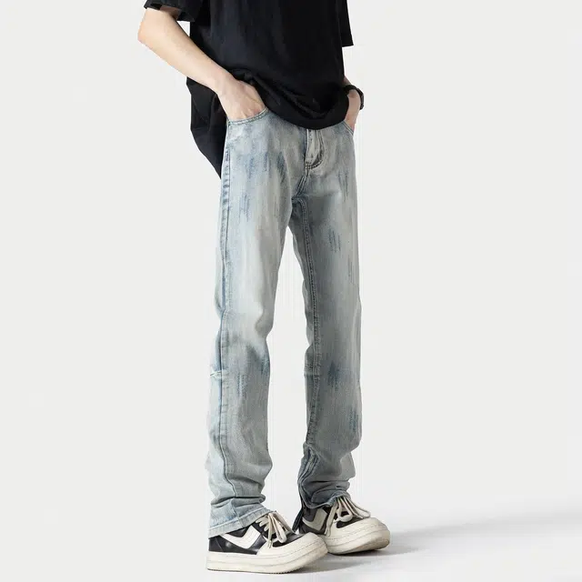 玉儿恋 美式高街复古修身直筒抓痕设计感休闲时尚百搭拉链牛仔裤 男女同款