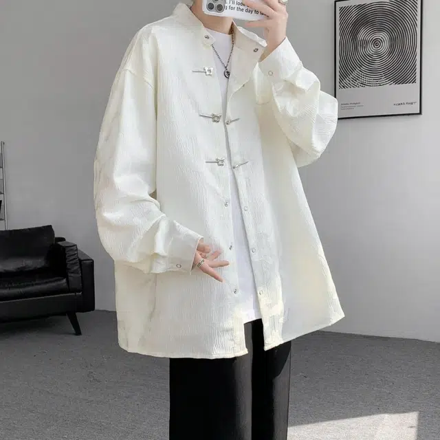 玉儿恋 美式复古高级感基础款新中式满印蝴蝶提花唐装特色别针扣设计中国风简约休闲宽松潮流时尚痞帅立领长袖衬衫 男女同款