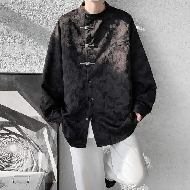 玉儿恋 美式复古高级感基础款新中式满印蝴蝶提花唐装特色别针扣设计中国风简约休闲宽松潮流时尚痞帅立领长袖衬衫 男女同款