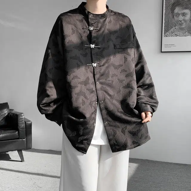 玉儿恋 美式复古高级感基础款新中式满印蝴蝶提花唐装特色别针扣设计中国风简约休闲宽松潮流时尚痞帅立领长袖衬衫 男女同款