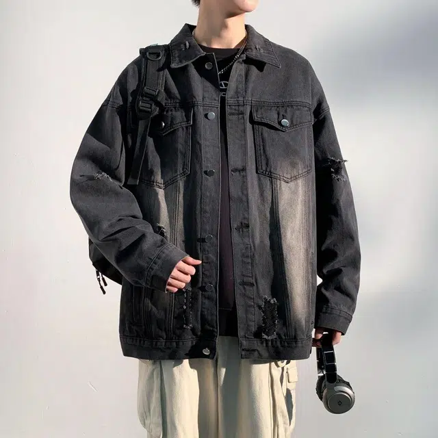 玉儿恋 唐狮旗下美式复古纯色基础水洗做旧破洞夹克宽松百搭牛仔外套 男女同款
